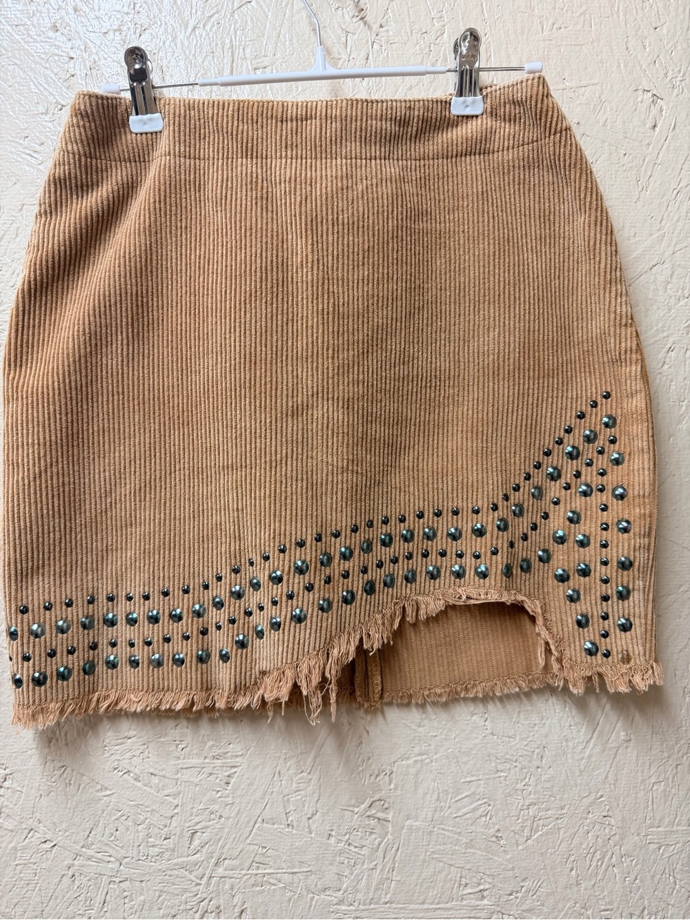 POL Camel Corduroy Mini Skirt with Stud Accents